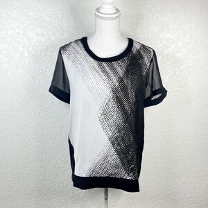 Calvin Klein Black White Mesh Short Sleeve Zipper Dotted Round Neck Blouse Small